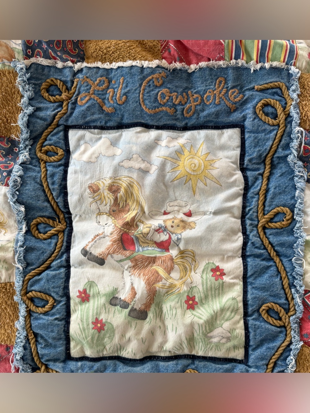 Vintage Cowpoke Patchwork Baby Quilt - Red, Blue, Brown